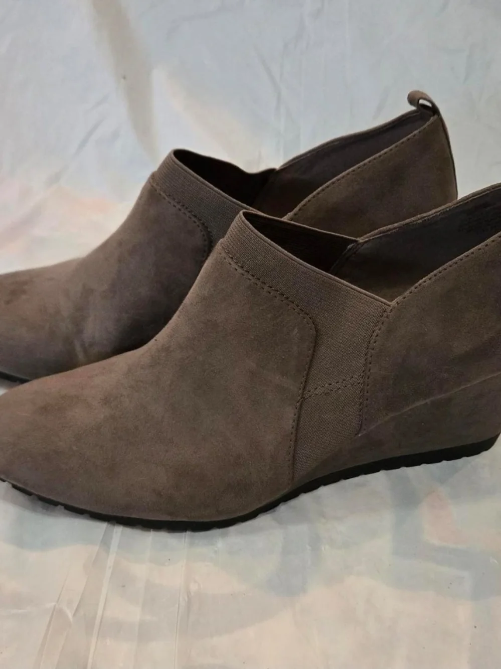 Bandolino Taupe Suede Wedge Slip-On Booties